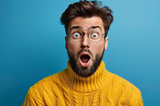 Junger Mann mit Bart und Brille, der überrascht aussieht, isoliert auf blauem Hintergrund Porträt von Youn