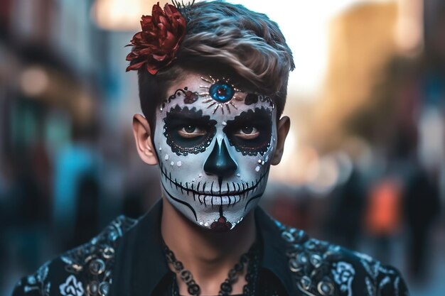 Junger Mann mit bemaltem Totenkopf im Gesicht im Freien zur Feier des mexikanischen Tages der Toten