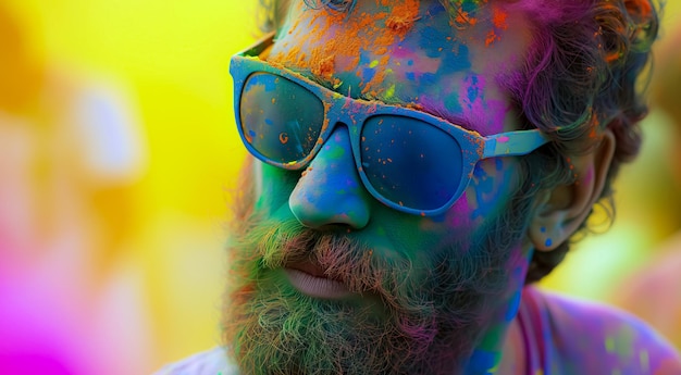 junger Mann mit Brille, der Holi spielt und mit lebendigem und farbenfrohem Farbpulver bedeckt ist