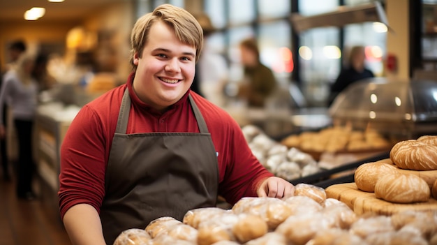 Junger Mann mit Down-Syndrom, der in einer Bäckerei arbeitet. KI-generiert