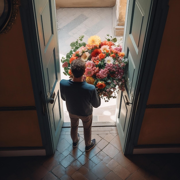 Junger Mann mit großem, schönem Blumenstrauß steht vor der Tür, Mann brachte Blumen