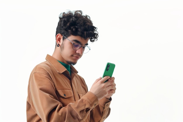 Junger Mann mit grünem Smartphone und brauner Jacke