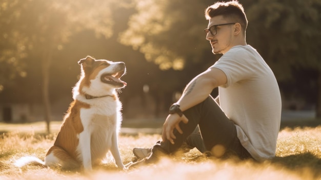 Junger Mann mit Hund sitzt im Parksonnenlicht Generative AI AIG20