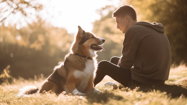 Junger Mann mit Hund sitzt im Parksonnenlicht Generative AI AIG20