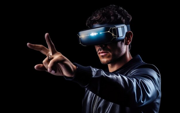 Junger Mann mit moderner Virtual-Reality-VR-Brille zeigt mit dem Finger auf Geschäftstreffen