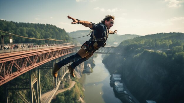 Foto junger mann mit sprungseil auf einem berg