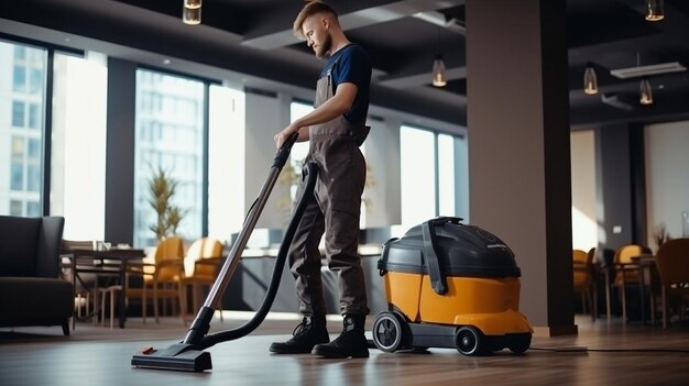 junger Mann mit Staubsauger in einer neuen modernen Wohnung