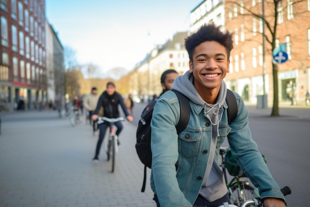 Junger Mann, Radfahrer, Student, lächelt und fährt mit dem Fahrrad durch die Straßen der Stadt