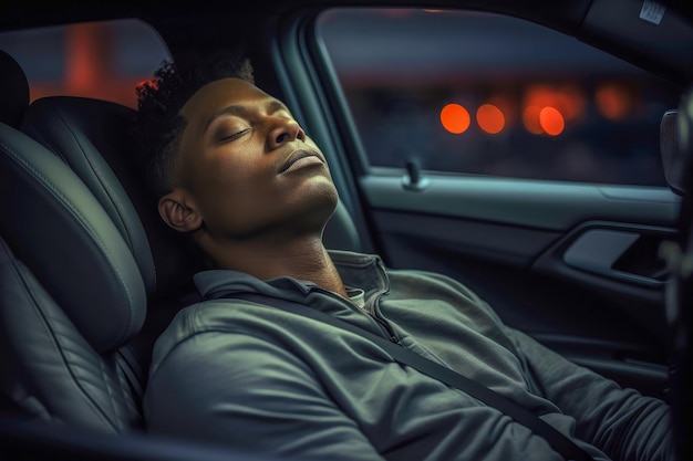 Junger Mann schläft friedlich in einem selbstfahrenden Auto auf einer nächtlichen Reise