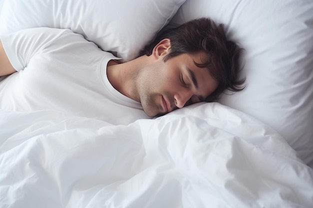 Junger Mann schläft im Bett mit weißem Kissen und Decke