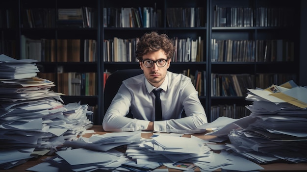 Foto junger mann sitzt am schreibtisch im büro