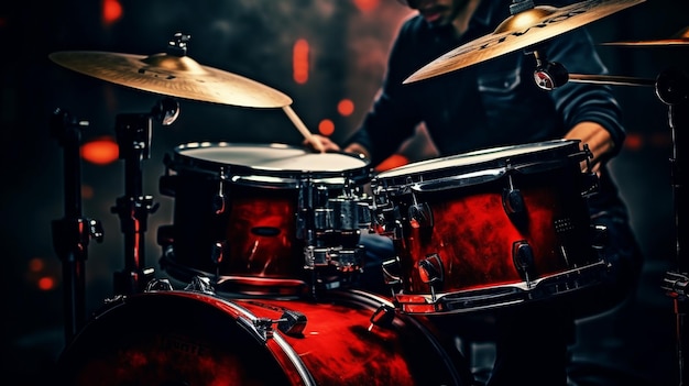 Junger Mann spielt Schlagzeug im dunklen Club