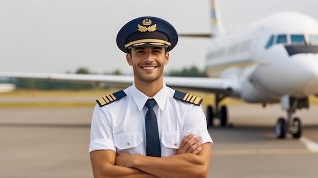Junger Mann steht auf einem Flugplatz mit einem Flugzeug im Hintergrund, trägt eine Kapitänsmütze und lächelt. GENERATE AI
