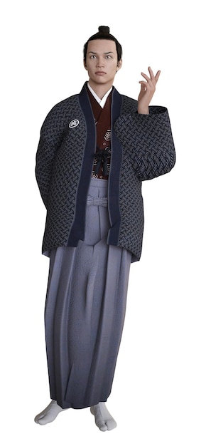 Junger Mann trägt Hakama und Haori Vintage traditionelle japanische Kleidung 3D-Illustration