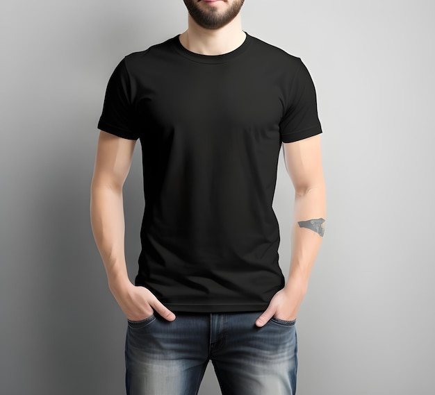 Junger Mann trägt leeres schwarzes T-Shirt, Mockup-Druck, Präsentationsmockup, ai generiert