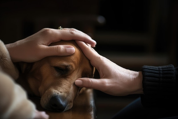 Junger Mann und Hund zu Hause in Nahaufnahme Tierpflegekonzept Eine Person, die ihren Hund streichelt, symbolisiert eine enge Bindung, die von der KI generiert wurde