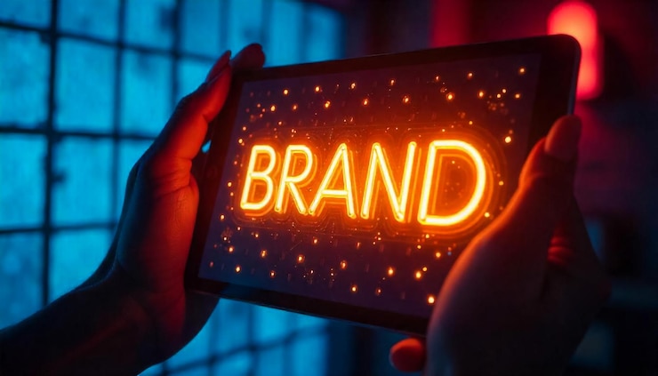 Foto junger mann weist auf den brand-text auf dem virtuellen bildschirm mit weichem licht mit vintage-filter internet-konzept