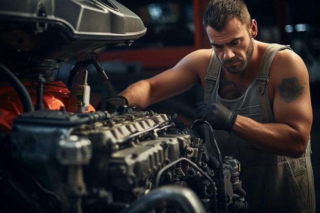 Foto junger mechaniker repariert automotoren in einer autoreparaturwerkstatt