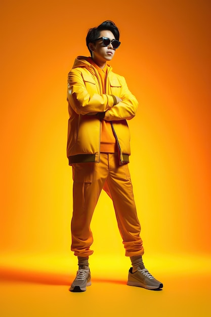 Junger orientalischer Mann, modisch gekleidet in gelber Jacke und Hose