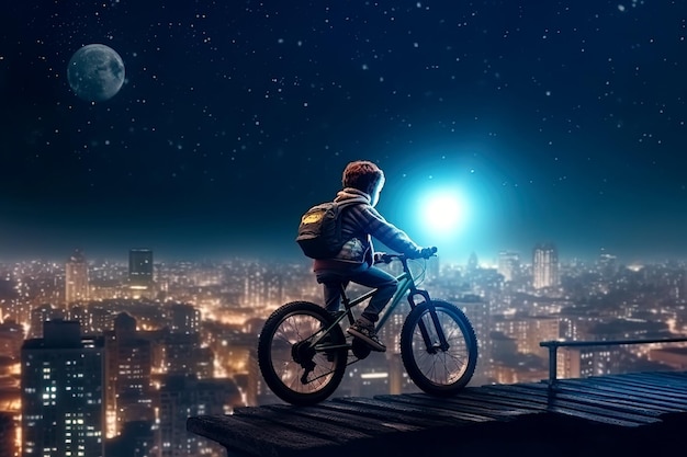 Junger Radfahrer auf dem Fahrrad auf dem Dach eines Wolkenkratzers in der Nacht Generative KI-Illustration