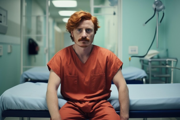Junger rothaariger europäischer Mann in einem Krankenzimmer im Krankenhaus zur Unterstützung des Männergesundheits-Movember-Teams