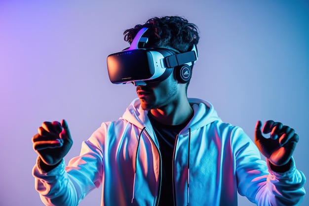 Junger schwarzer Mann mit Virtual-Reality-Brille gestikuliert von Ai erzeugt