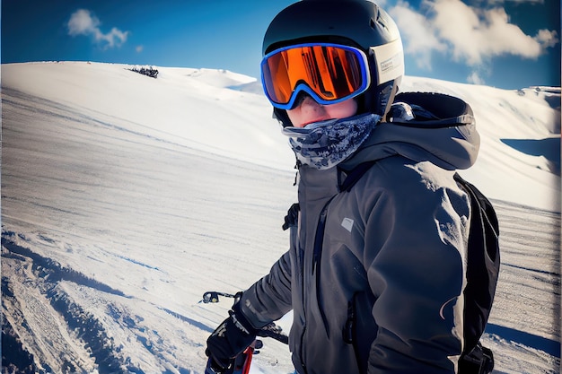 Junger Skifahrer auf Skipiste mit realistischem Helm und Maske