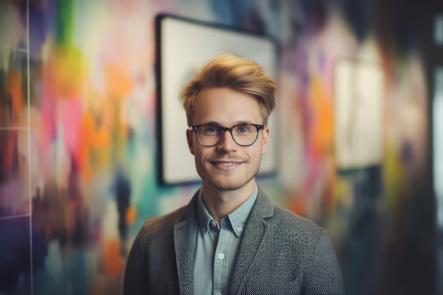 Junger, smarter schwedischer Geschäftsmann mit lächelndem Gesicht vor verschwommenem Hintergrund der kreativen, farbenfrohen Büroinnenarchitektur Generative AI AIG20