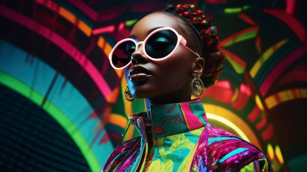 Foto junges afrikanisches model in trendigem outfit mit farbenfrohem abstrakten hintergrund