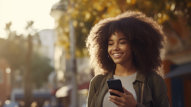 Junges afroamerikanisches Studentenmädchen mit Telefon Teenager mit Rucksack auf dem Rücken