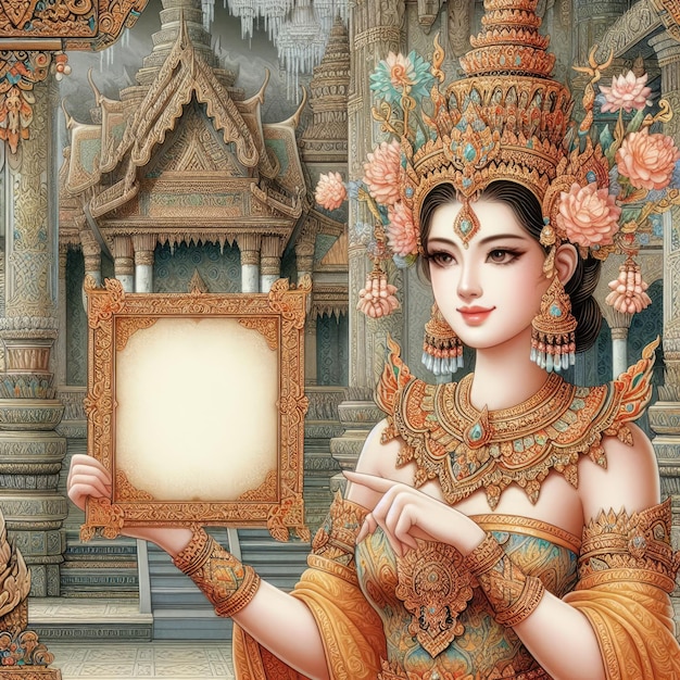 Junges asiatisches Mädchen mit Chuttai-Kleid in traditioneller thailändischer Kleidung hält ein leeres Schild mit generativer KI