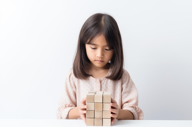 Junges asiatisches Mädchen mit Holzpuzzle Kindesgeistesgesundheitskonzept Autismus-Spektrumstörung Bewusstseinskonzept Bildung auf weißem Hintergrund Kopierraum