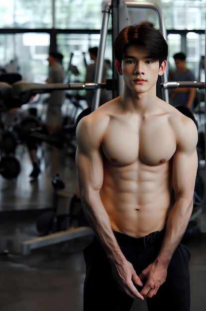 Junges asiatisches männliches Model mit einem hellen Lächeln, guter Figur, einem Trainingshintergrund im Fitnessstudio, generiert KI
