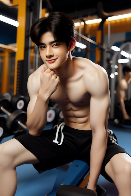Junges asiatisches männliches Model mit hellem Lächeln, guter Figur, Trainingshintergrund im Fitnessstudio, erzeugt KI