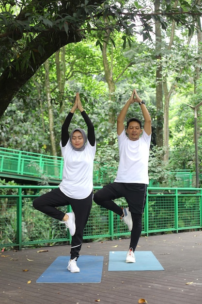 Junges asiatisches Paar balanciert Körper aus und meditiert gemeinsam Energie-Yoga im Grünpark.