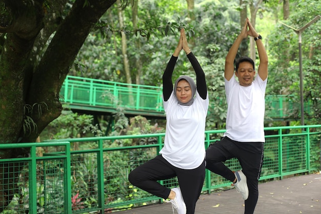 Junges asiatisches Paar balanciert Körper aus und meditiert gemeinsam Energie-Yoga im Grünpark.