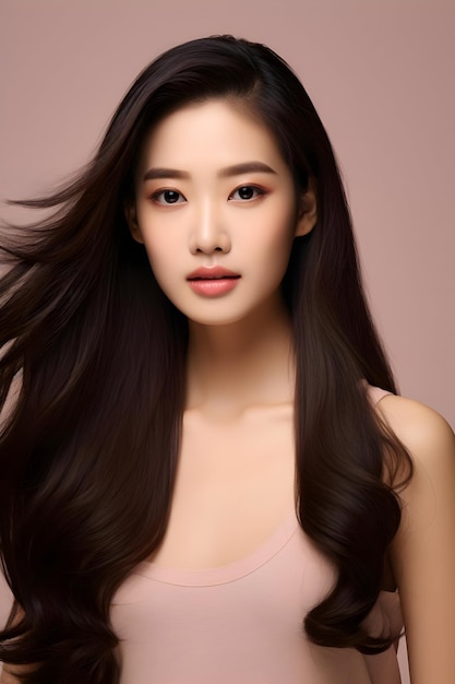 Junges asiatisches Schönheitsfrauenmodell mit langen Haaren und koreanischem Make-up auf beigem Hintergrund. Hohe Qualität