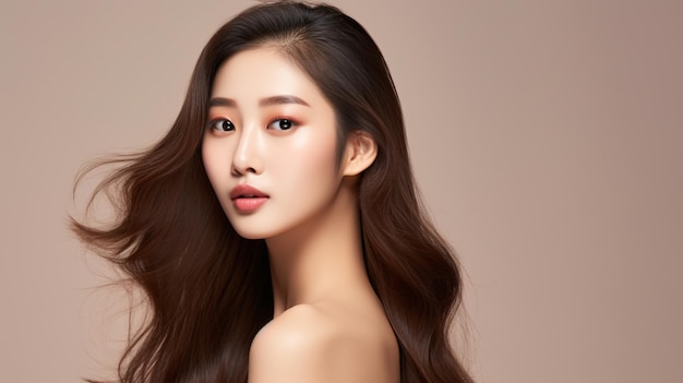 junges asiatisches Schönheitsfrauenmodell mit langen Haaren und koreanischem Make-up-Stil, Gesicht, perfekter Hauthintergrund