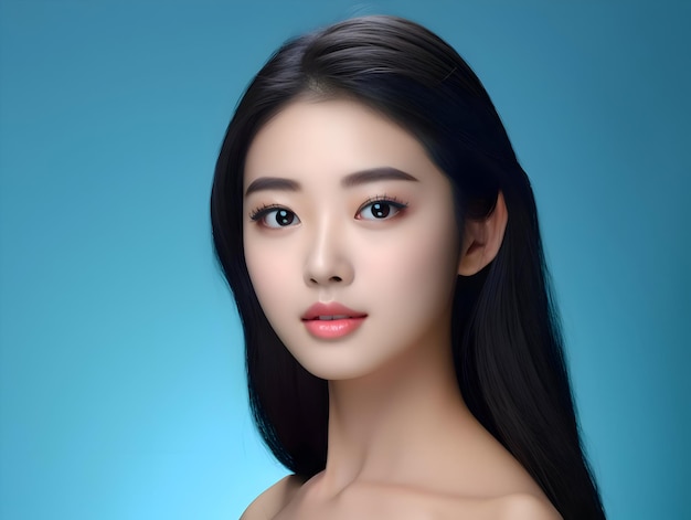 Junges asiatisches Schönheitsfrauenmodell mit langen Haaren und natürlichem Make-up mit hoher Auflösung