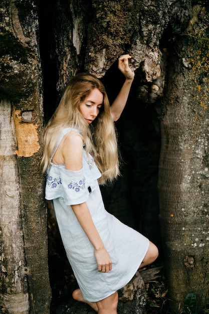 Junges attraktives blondes Mädchen im blauen romantischen Kleid, das mit altem Baum aufwirft