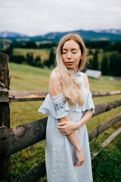 Junges attraktives elegantes blondes Mädchen im blauen romantischen Kleid, das nahe Zaun in der Landschaft aufwirft