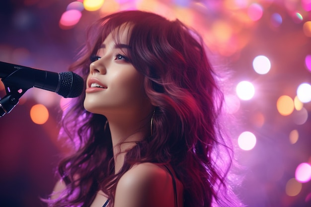 junges charmantes asiatisches K-Pop-Idol-Mädchen singt auf der Bühne in ein Mikrofon helles Konzertbeleuchtung backg