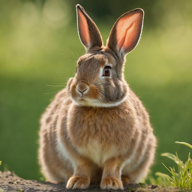 Foto junges europäisches kaninchen, das auf einem grünen hintergrund vor der kamera steht und schaut