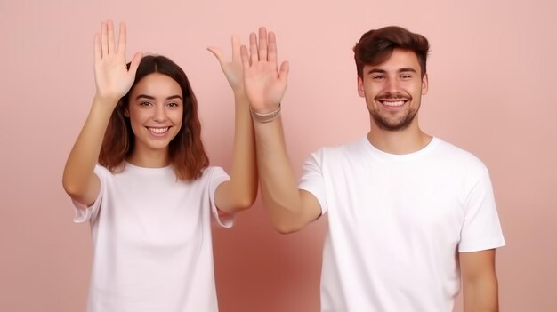 Foto junges, fröhliches paar, zwei freunde, mann und frau, die high five geben und isoliert die hände gefaltet halten