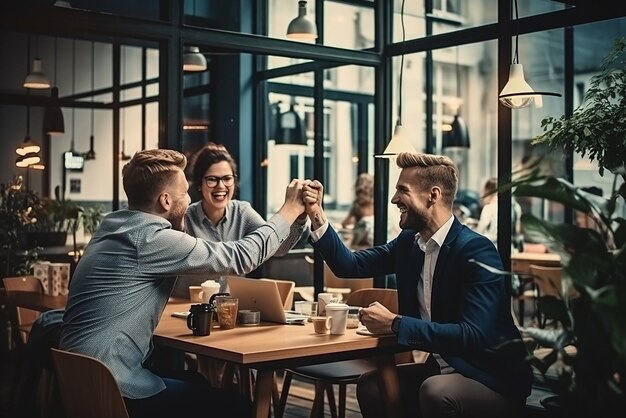 Junges, glückliches, lachendes, kreatives Team, multikulturelle Mitarbeiter oder Gruppe feiern gemeinsam Erfolg und geben im Büro-Klassenzimmer Highfives