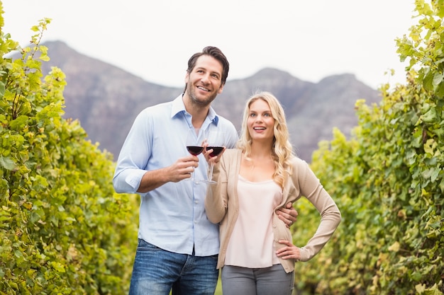 Junges glückliches Paar, das ein Glas Wein hält und im Abstand schaut