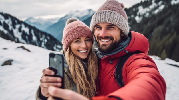 Junges glückliches Paar macht Selfie im Winterschnee