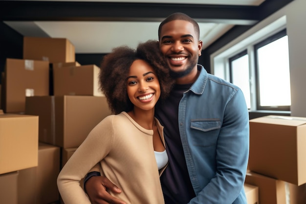 Junges glückliches schwarzes Ehepaar in seinem neuen Zuhause nach dem Einzug. Auspacken von Kisten nach dem Einzug in eine neue Wohnung. Neue Hausbesitzer. Hypothekenmiete