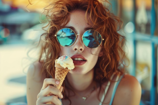 Junges Hipster-Mädchen isst Eiscreme in einem Sommer-Mode-Porträt