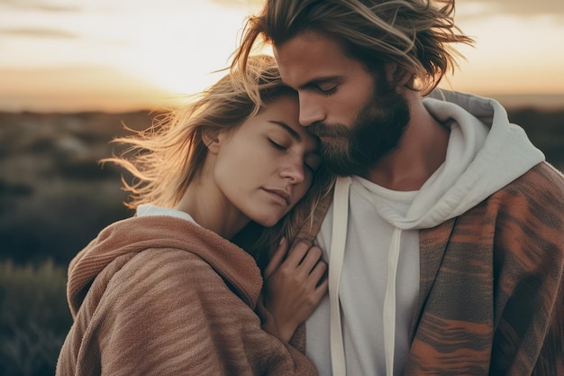 Junges Hipster-Paar teilt einen intimen Moment während eines ruhigen Sonnenuntergangs, in dem die Liebe zum Ausdruck kommt